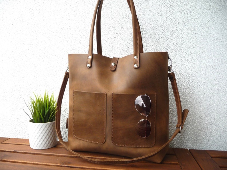 LARGE LEATHER HANDBAG women brown, large shoulder bag, high quality natural leather, lifetime quality, Enie frontpocket brown image 1