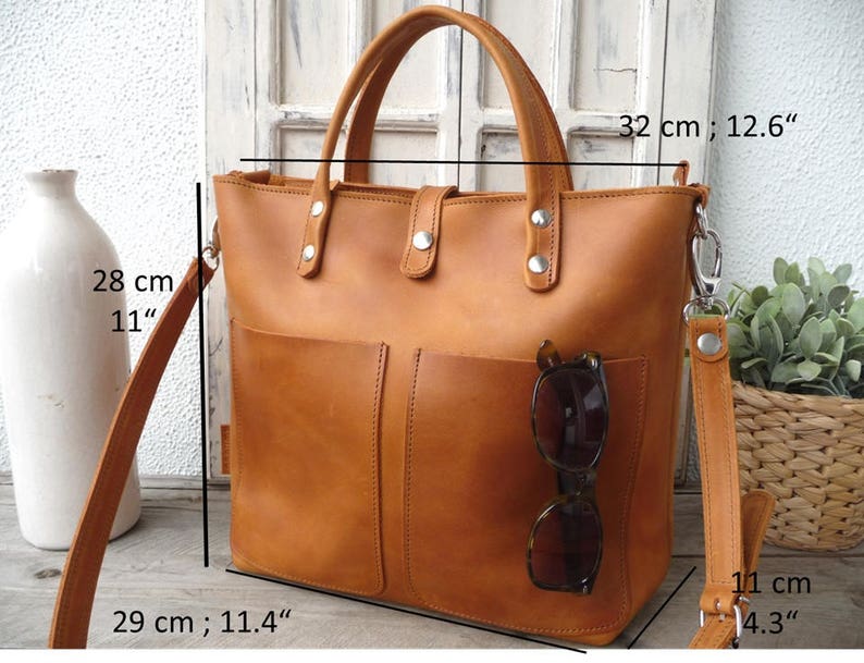 Small leather tote bag woman, leather tote with optional zipper, interior zipper pocket, crossbody, high quality, every day bag Lenie image 8