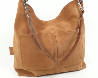 Slouchy leather shoulder bag women caramel brown, finest suede leather from Italy, large hobo bag, shoulder and crossbody strap!