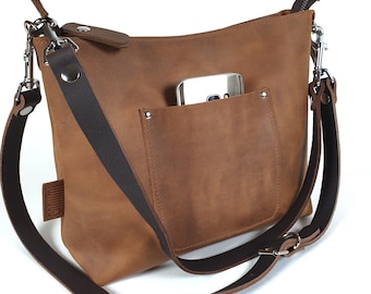 High quality leather crossbody bag brown, medium size, women, shoulder bag, 11" w, 9" h, 4" d, 2 strap options, minimalistic!