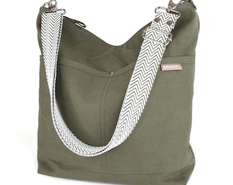 Borsa a tracolla in tela verde oliva, fatta a mano, qualità tela spessa, borsa a tracolla per donna, misura media, vari colori!