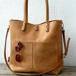 GROßE LEDER HANDTASCHE, große Ledertasche Damen, Schultertasche aus Leder, Ledertasche für Laptop, Ledertasche, Enie Frontpocket - camel!