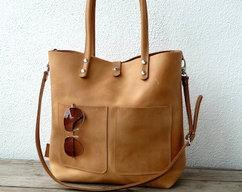 HANDBAG, Leather tote, large leather tote, leather bag, leather tote woman, leather tote women, modern laptop bag, Enie frontpocket - camel!