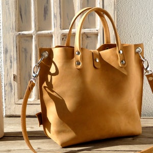 Leather tote bag women camel brown, medium size, leather handbag, crossbody bag, high quality leather, minimalistic design, Lou camel image 1