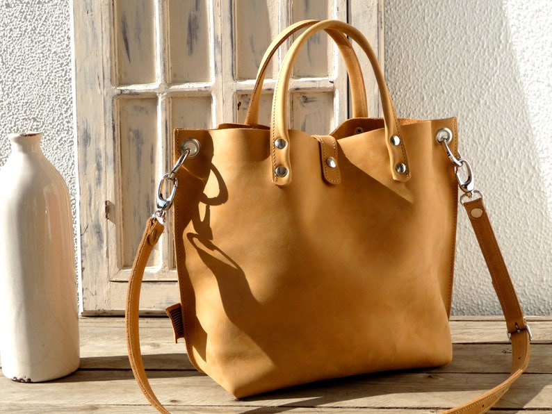 Leather tote bag women camel brown, medium size, leather handbag, crossbody bag, high quality leather, minimalistic design, Lou camel image 1