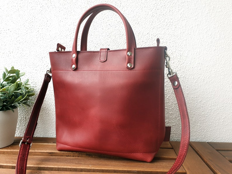 LEATHER TOTE BAG women, small leather tote bag with zipper options, small leather tote bag women, crossbody strap, top handle bag, Lenie image 2