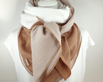 Bufanda de muselina XXL para mujer, 100% algodón, 1,30 m x 1,30 m, color camel, blanco crema, beige, grande, bufanda decorativa y cálida, ¡muy suave y acogedora!