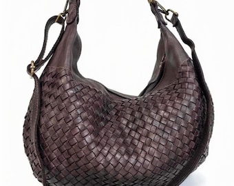 Brown leather shoulder bag women – Italian handmade woven hobo bag, soft leather purse, medium size, espresso brown!