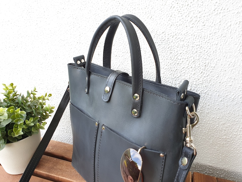 Zwart lederen handtas dames, zwart lederen schoudertas dames, kleine lederen tote tas met opties, lederen tas Crossbody, Lenie afbeelding 7