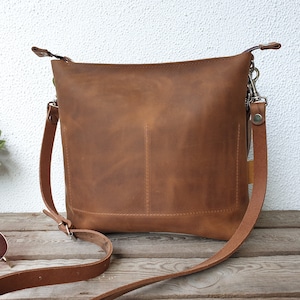 Leather purse for women, leather handbag, caramel brown, effortless style, medium size, 12 x 11, shoulder/crossbody bag, 2 strap options image 5