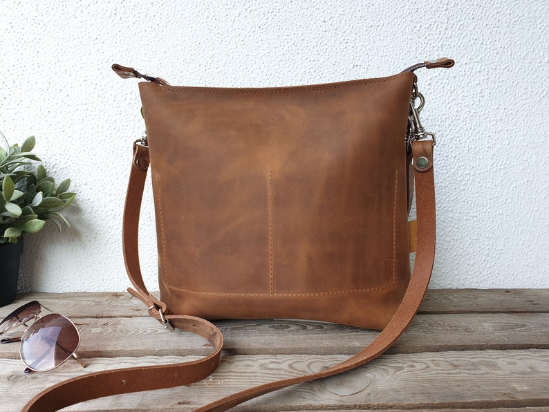 Leather purse for women, leather handbag, caramel brown, effortless style, medium size, 12 x 11, shoulder/crossbody bag, 2 strap options image 5