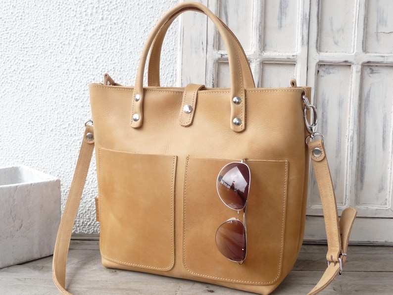 Leder Tote Bag Damen, Leder Umhängetasche Damen, Leder Tote mit Zipper Optionen, Ledertasche Crossbody, distressed bag, every day bag Lenie Bild 1