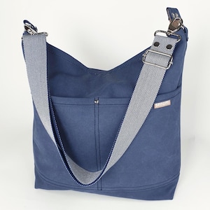 Umhängetasche Canvas jeansblau, Beuteltasche, dicker Canvas, handgefertigt, Segeltuchtasche mit Gurt für Damen Mädchen, mittlere Größe!