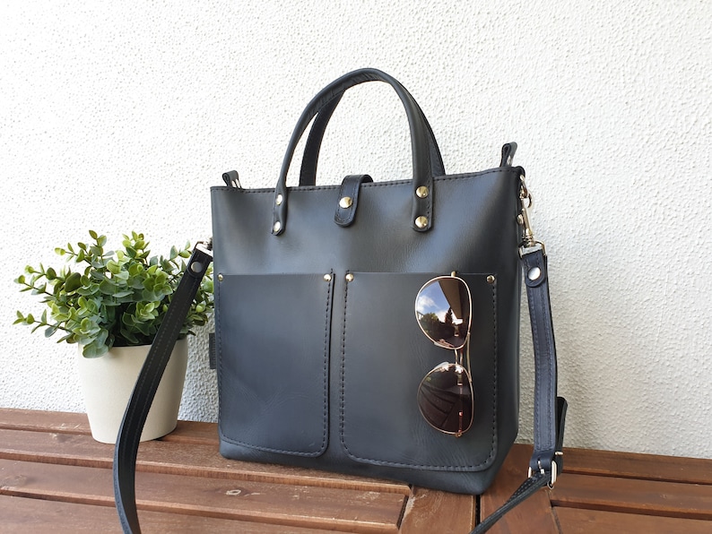 Zwart lederen handtas dames, zwart lederen schoudertas dames, kleine lederen tote tas met opties, lederen tas Crossbody, Lenie afbeelding 1