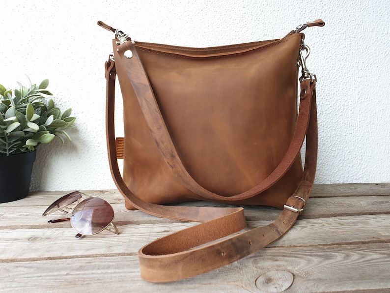 Leather purse for women, leather handbag, caramel brown, effortless style, medium size, 12 x 11, shoulder/crossbody bag, 2 strap options image 1