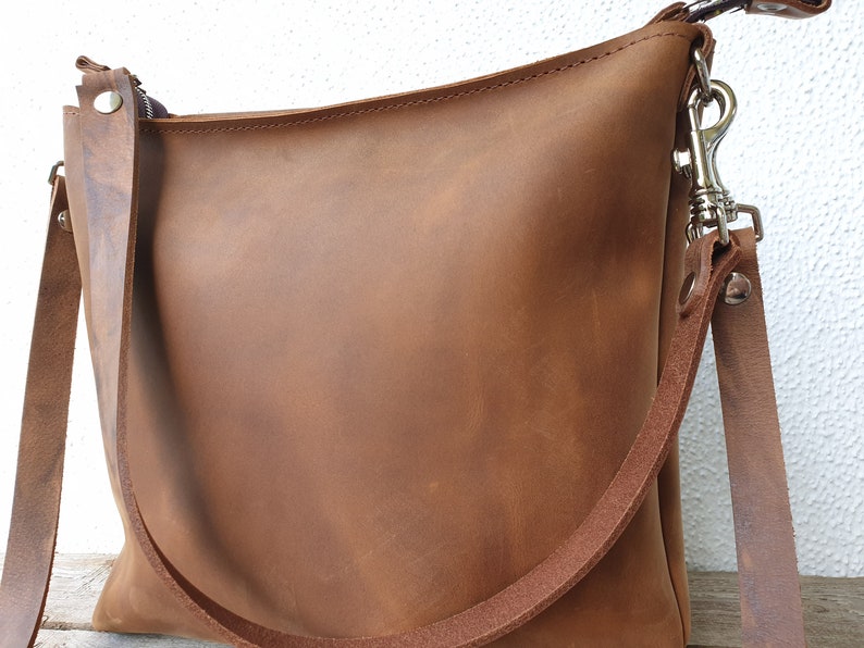 Leather purse for women, leather handbag, caramel brown, effortless style, medium size, 12 x 11, shoulder/crossbody bag, 2 strap options image 10