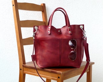 Rote Leder Handtasche für Damen, medium size, kleiner Ledershopper, rote Ledertasche, robustes Leder, Lou Frontpocket - rot!