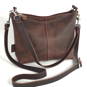 Genuine leather handbag, handmade crossbody bag dark brown women with zipper, shoulderbag, 11.8" w, 9.4" h, 4" d, 2 strap options!