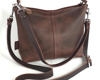 Bolso de hombro de piel marrón oscuro de alta calidad para mujer, bolso de hombro de tamaño mediano con cremallera, 2 correas de transporte a elegir, 30 x 23 x 10 cm.