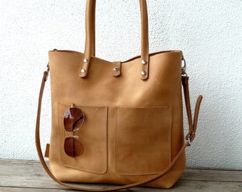 LARGE LEATHER TOTE, large brown leather tote bag women, sturdy leather tote bag, minimalistic leather handbag, Enie Frontpocket - camel!