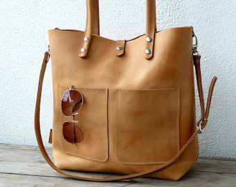 Leder Laptoptasche Damen naturfarben, Ledertasche für 13" Laptop, camelfarben, große Ledertasche, Schultertasche, Enie Frontpocket - camel!