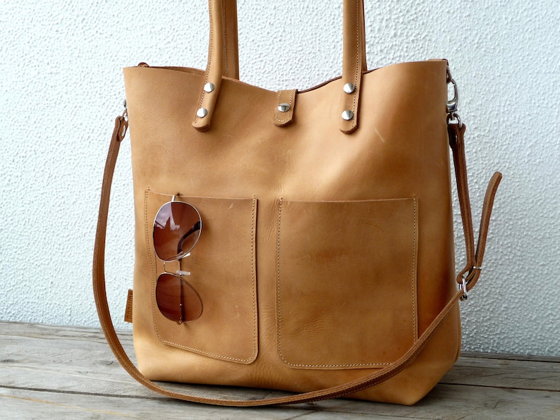 Leather laptop bag women camel color, laptop bag for 13 laptop, large leather work tote, office laptop bag, Enie frontpocket camel image 1