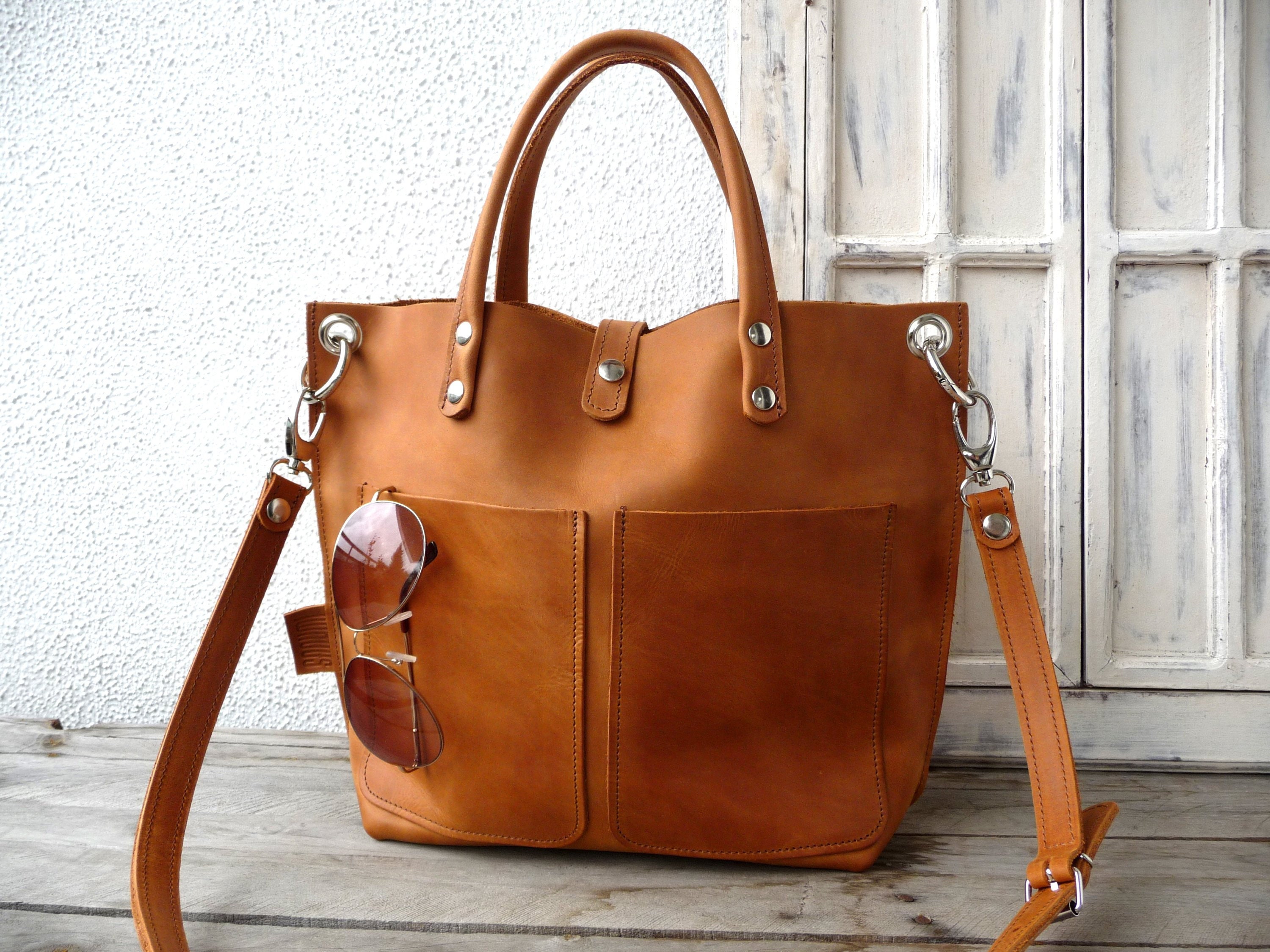 Leather bag cognac Leather bag women small leather shopping Etsy