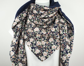 Large Muslin triangle scarf women girl, floral pattern and dark blue , 100% cotton, cotton scarf for spring!