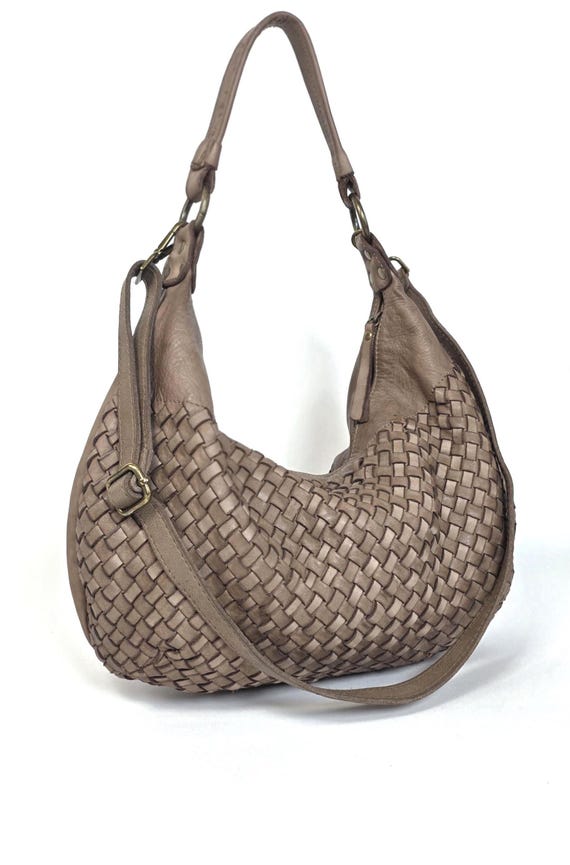 Geflochtene Leder Umhängetasche taupe, weiche Hobo Tasche Damen, elegante Schultertasche, mittelgroße Handtasche, handgefertigt in Italien!