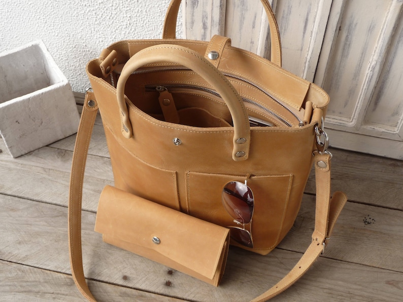 LEATHER TOTE BAG women, small leather tote bag with zipper options, small leather tote bag women, crossbody strap, top handle bag, Lenie image 4