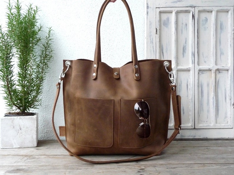 Large brown leather tote bag women, leather handbag with shoulder handles and crossbody strap, sturdy distressed leather, Emma Fp brown image 1