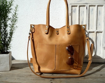 Leren tas, grote leren tas, leren tas, schoudertas, leren tas dames, leren tas vintage, leren tas, Emma voorvak - camel!