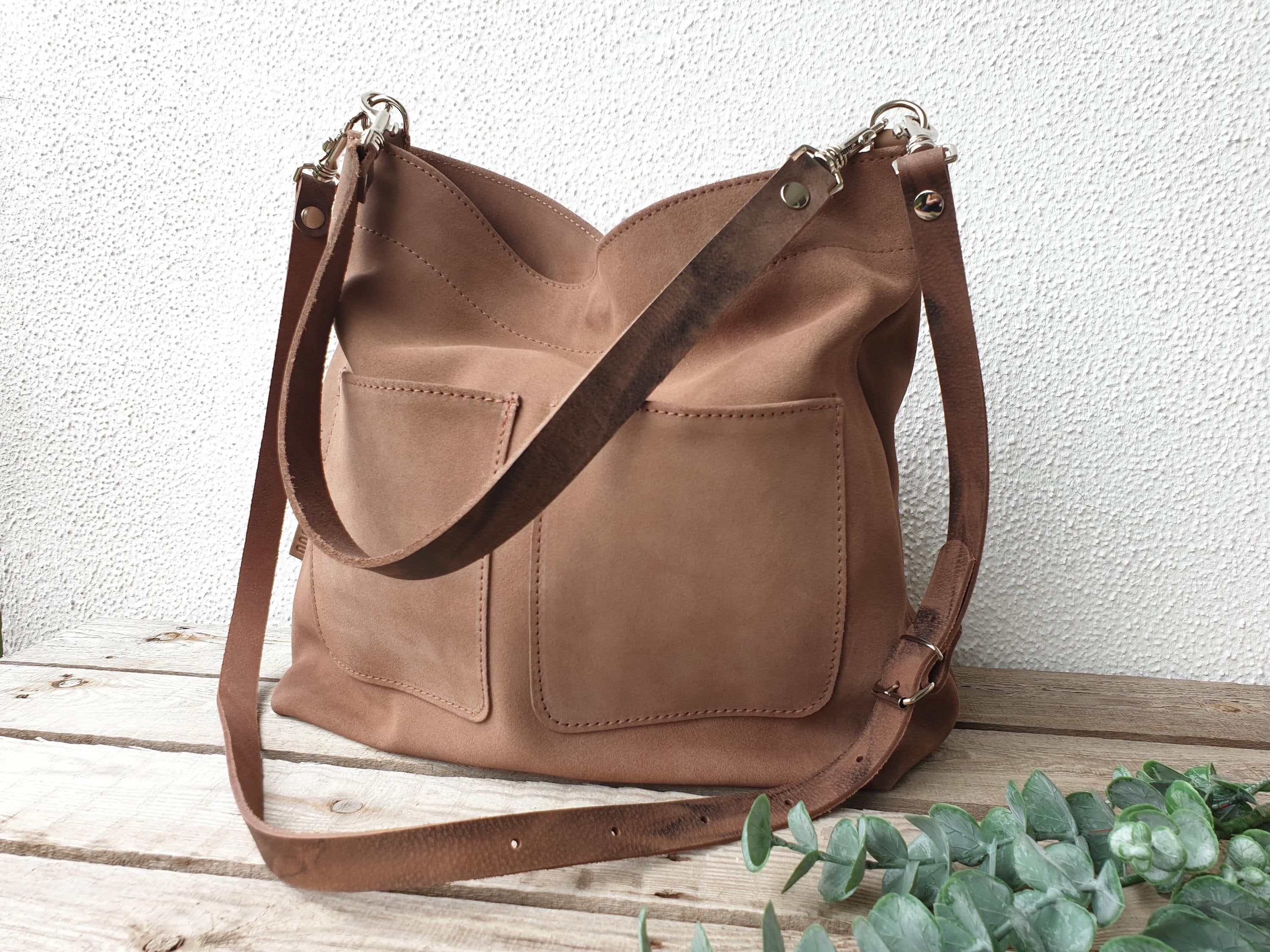 Veloursledertasche Damen braun XL Wildlederbeutel Leder Hobo Tasche Umhangetasche Damen braun mit 2 Gurten Etsy