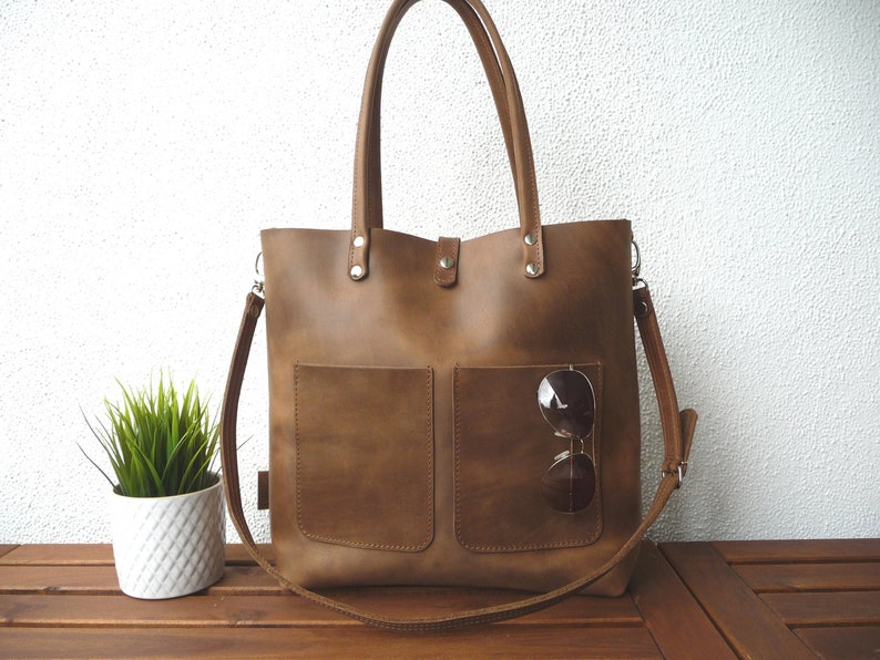 LARGE LEATHER HANDBAG women brown, large shoulder bag, high quality natural leather, lifetime quality, Enie frontpocket brown image 2