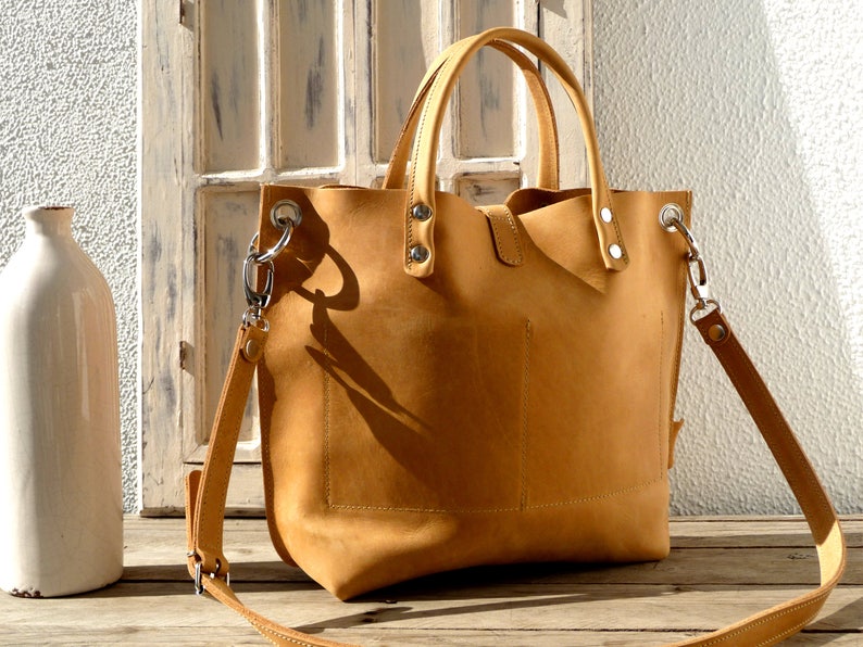 Leather tote bag women camel brown, medium size, leather handbag, crossbody bag, high quality leather, minimalistic design, Lou camel image 2