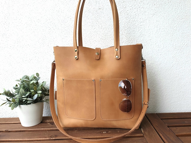 LARGE LEATHER TOTE bag women brown, sturdy leather, large leather shoulder bag women, crossbody strap, Enie Frontpocket - brown! 