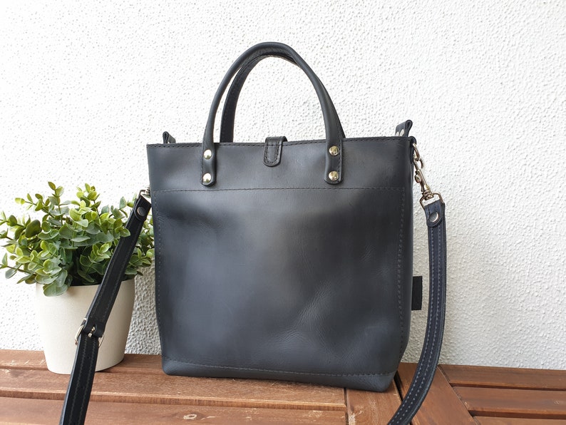 Zwart lederen handtas dames, zwart lederen schoudertas dames, kleine lederen tote tas met opties, lederen tas Crossbody, Lenie afbeelding 2