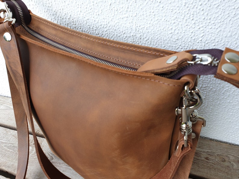 Leather purse for women, leather handbag, caramel brown, effortless style, medium size, 12 x 11, shoulder/crossbody bag, 2 strap options image 8