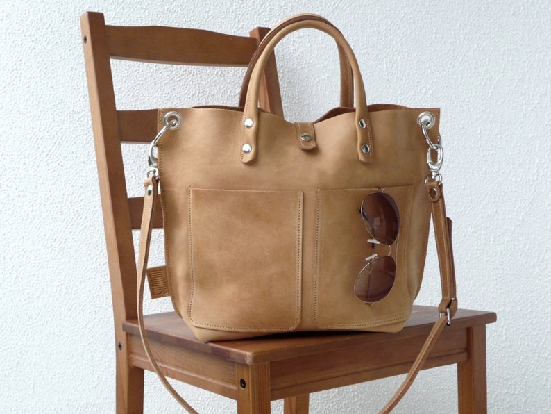 Leather purse, handbag camel brown for women medium size, crossbody bag, shoulder bag, small leather shopper, Lou Frontpocket, camel image 2