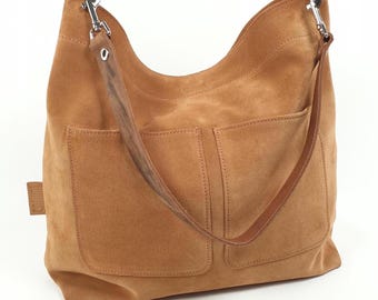 Sac seau pour femme en daim marron caramel, confectionné à partir du plus beau daim italien, sac cabas décontracté, 2 anses en cuir.