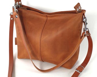 Sac bandoulière en cuir, marron cognac, pour femme, sac bandoulière de taille moyenne avec fermeture éclair, 2 bandoulières au choix, 30 cm x 23 cm x 10 cm !