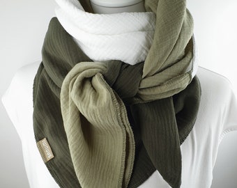 Muslin cloth women, 100% cotton, 52" x 52", XXL muslin scarf, olive green, cream white, avocado, warm large cosy scarf for women!