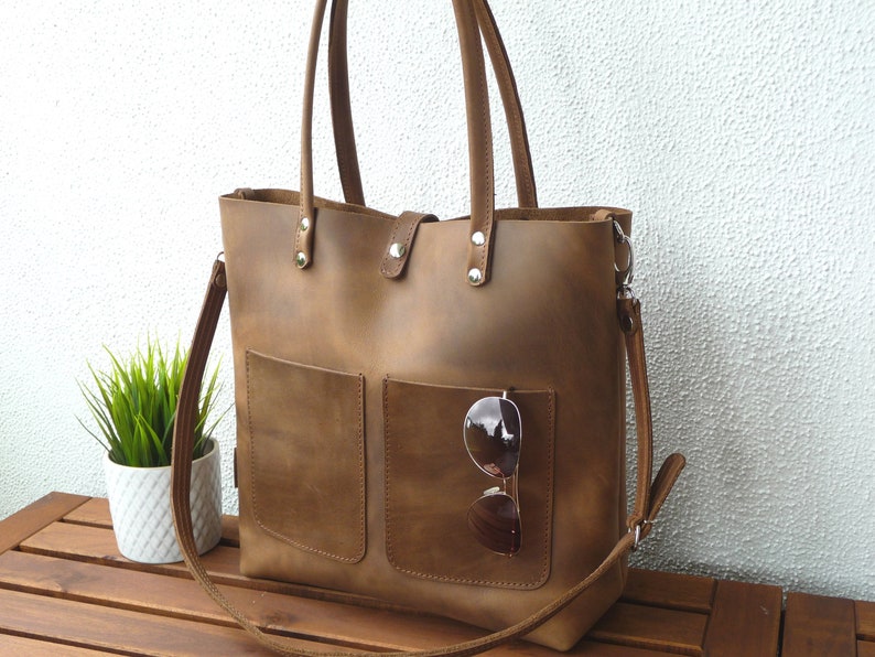 LARGE LEATHER HANDBAG women brown, large shoulder bag, high quality natural leather, lifetime quality, Enie frontpocket brown image 6