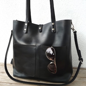 Große schwarze Ledertasche Damen, stabile Schultertasche für Laptops bis 13", Leder Tragetasche, Handtasche, Enie Frontpocket- schwarz!