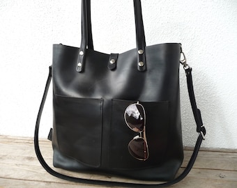 Bolso grande de piel negro, bolso tote para mujer, shopper grande de piel, piel de vacuno de primera calidad, diseño minimalista, bolsillo frontal Enie, ¡negro!