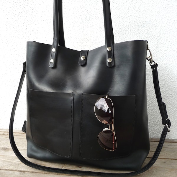 Large black leather handbag women, modern leather tote bag with a long strap, shoulder bag, laptop bag, travel bag, Enie frontpocket -black!