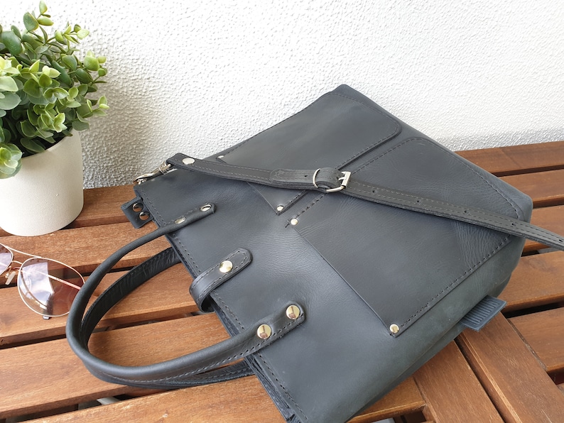 Zwart lederen handtas dames, zwart lederen schoudertas dames, kleine lederen tote tas met opties, lederen tas Crossbody, Lenie afbeelding 6