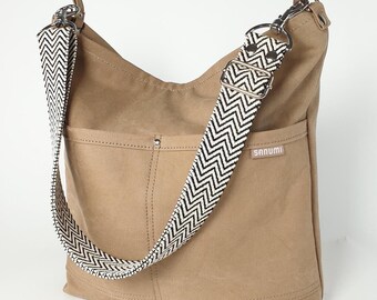 Crossbody Bag Greige, Solid Heavy Washed Canvas Women, Shoulder 