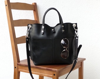 Bolso de hombro mediano de piel negra para mujer, piel auténtica, bolso de mano de alta calidad, hecho a mano en Alemania, ¡correa cruzada!
