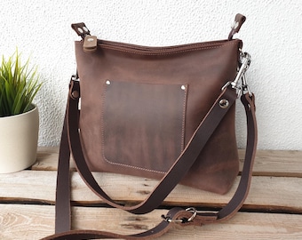 Leather crossbody purse dark brown women with zipper, shoulder bag, 11" w, 9" h, 4" d, 2 strap options, sturdy cow leather, minimalistic!